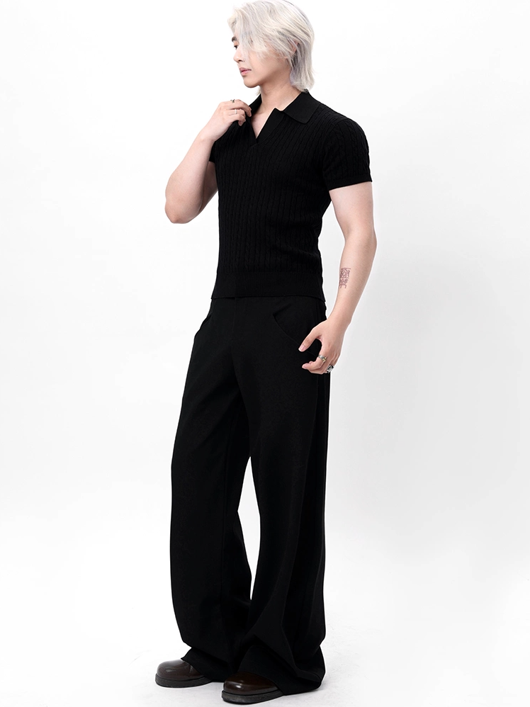 Ribbed Trim Cable Knit Pattern Polo Shirt