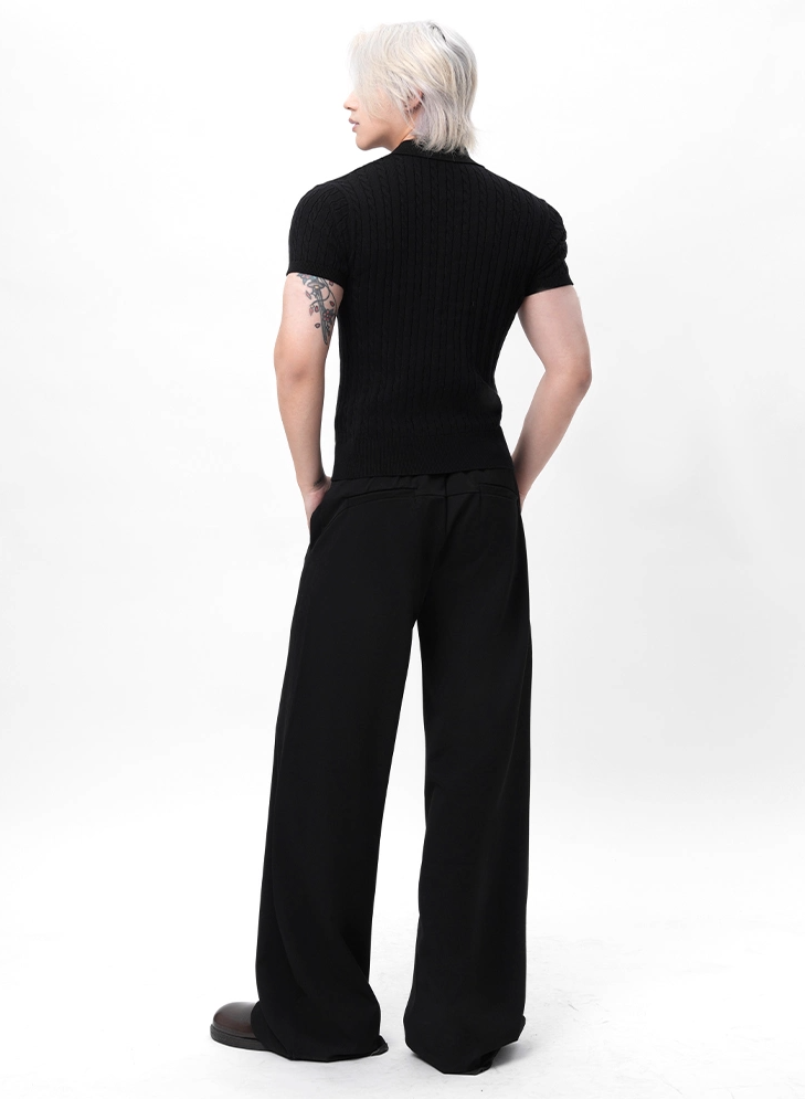 Ribbed Trim Cable Knit Pattern Polo Shirt
