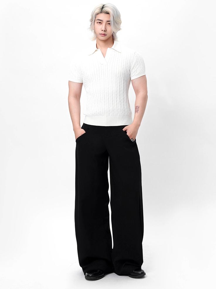 Ribbed Trim Cable Knit Pattern Polo Shirt