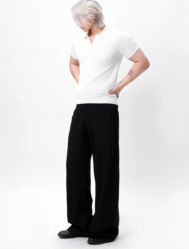 Ribbed Trim Cable Knit Pattern Polo Shirt