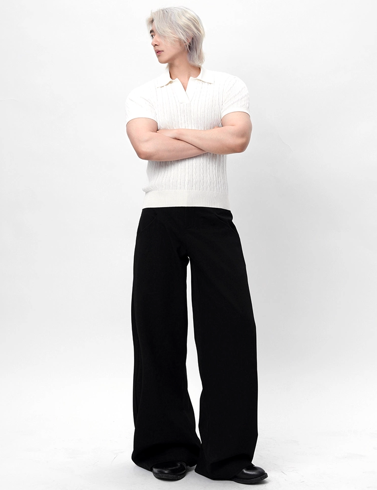 Ribbed Trim Cable Knit Pattern Polo Shirt