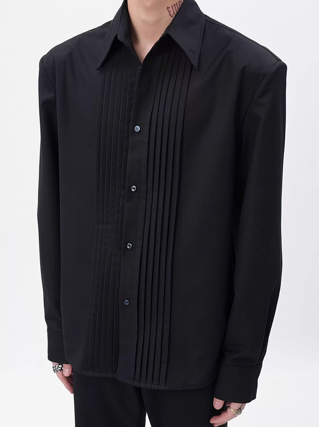 Boxy Pleated Front Pointed Collar Tuxedo Shirt
