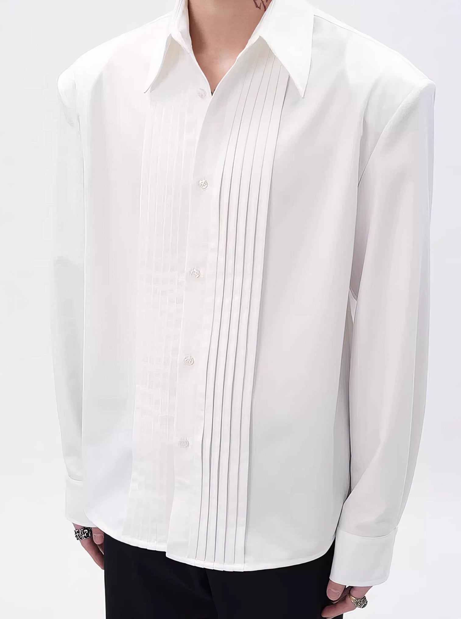 Boxy Pleated Front Pointed Collar Tuxedo Shirt
