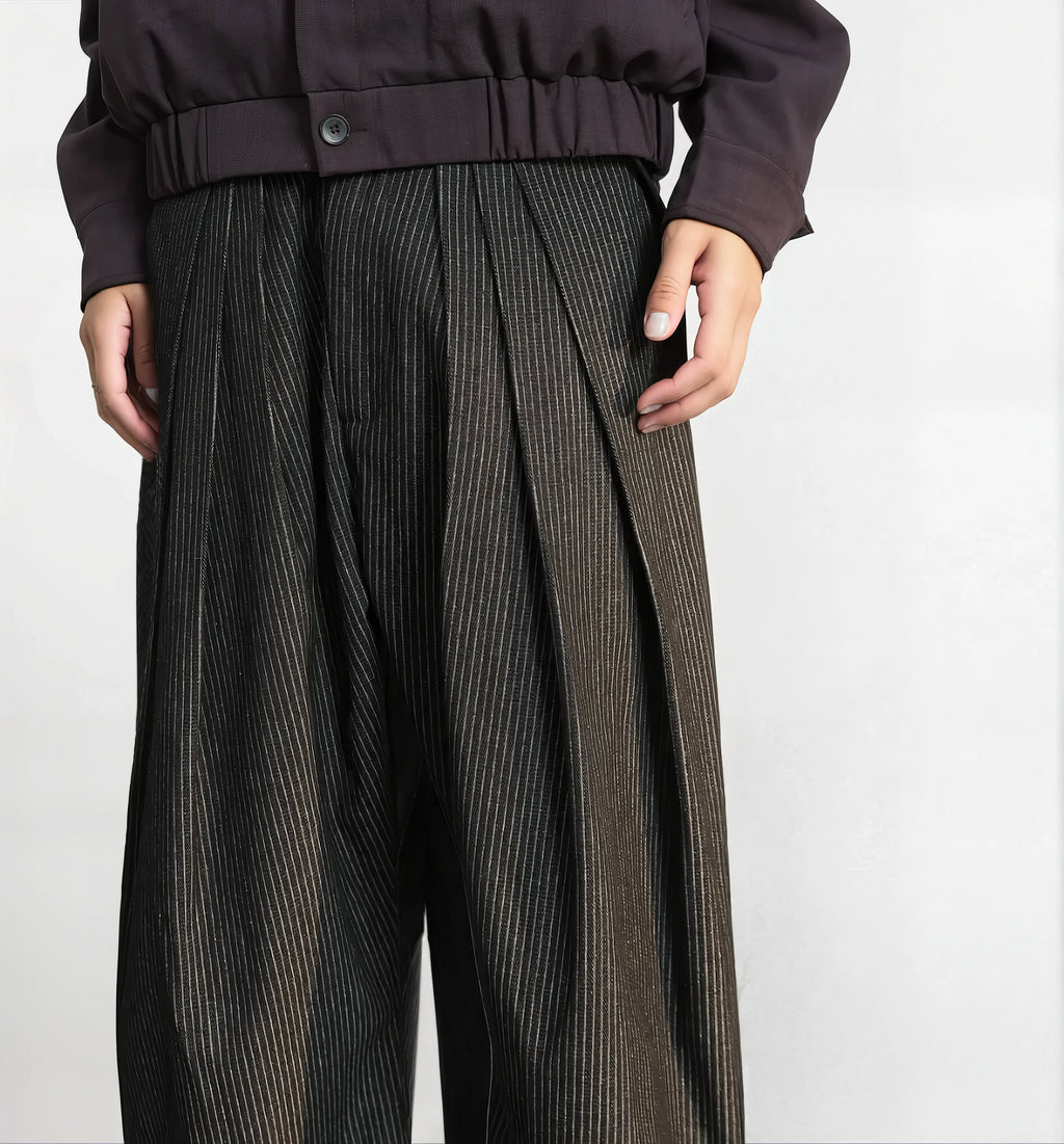Pinstripe Wide Leg Semi-Flare Multi Pleated Pants