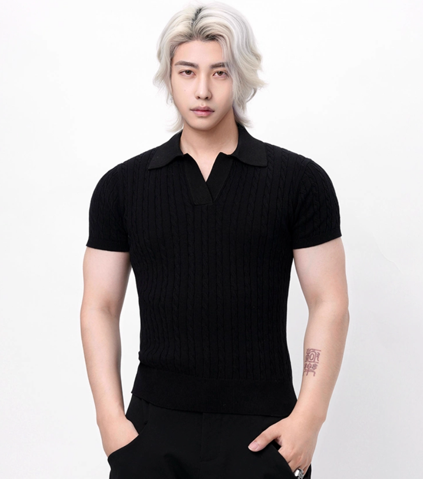 Ribbed Trim Cable Knit Pattern Polo Shirt