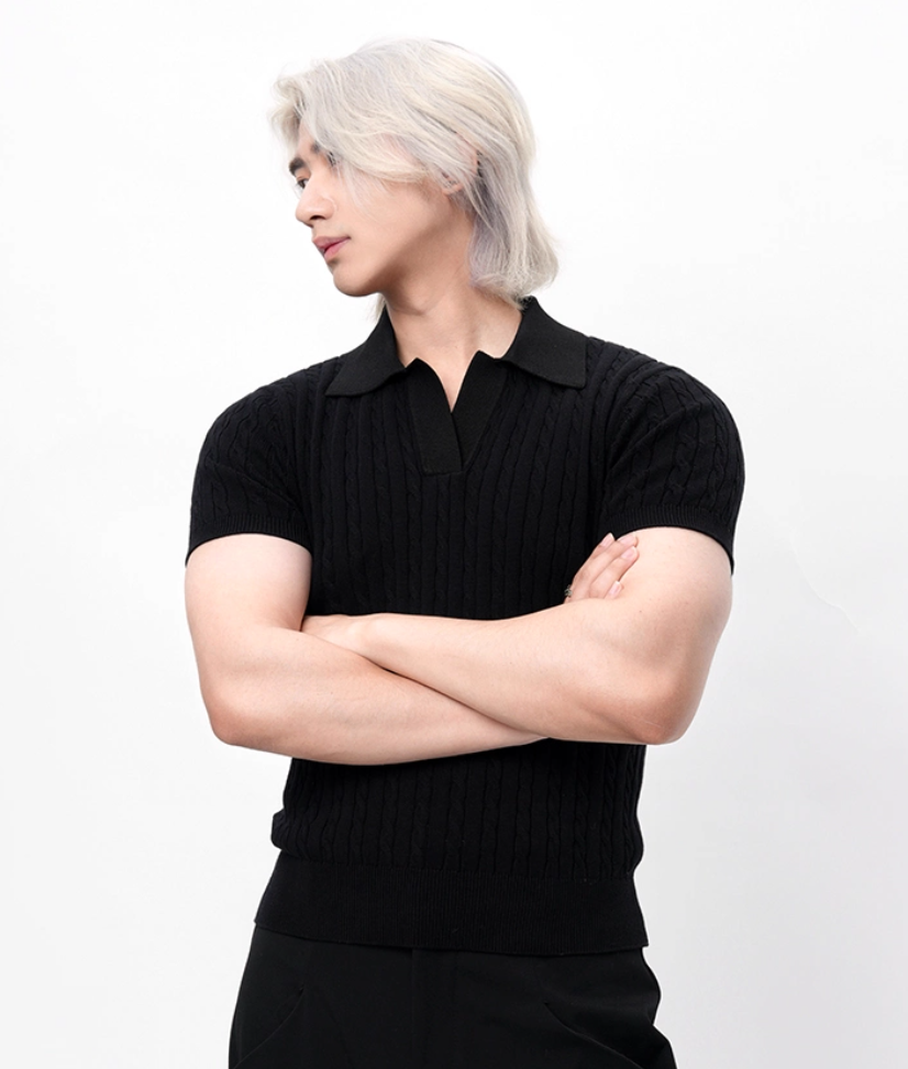 Ribbed Trim Cable Knit Pattern Polo Shirt