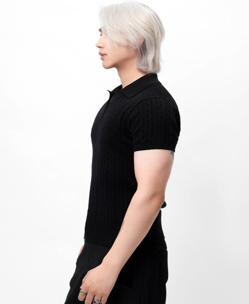 Ribbed Trim Cable Knit Pattern Polo Shirt