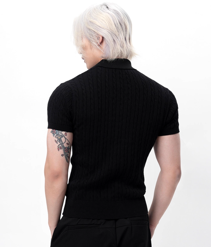 Ribbed Trim Cable Knit Pattern Polo Shirt