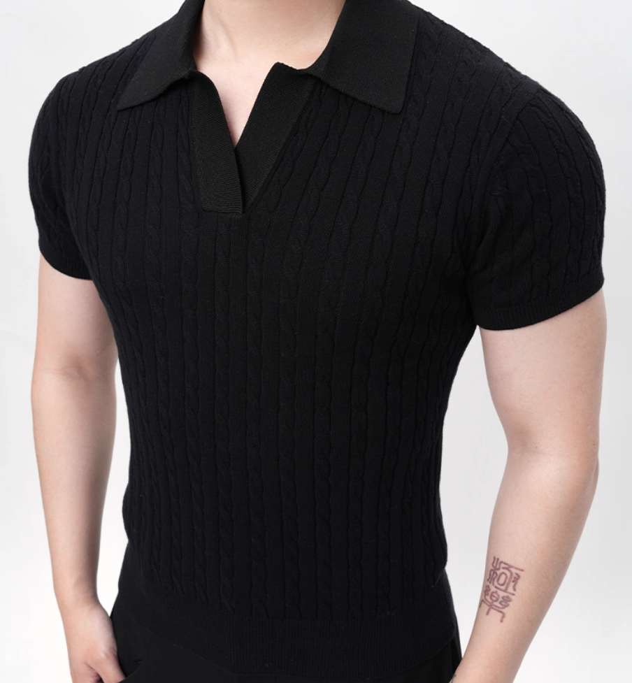 Ribbed Trim Cable Knit Pattern Polo Shirt