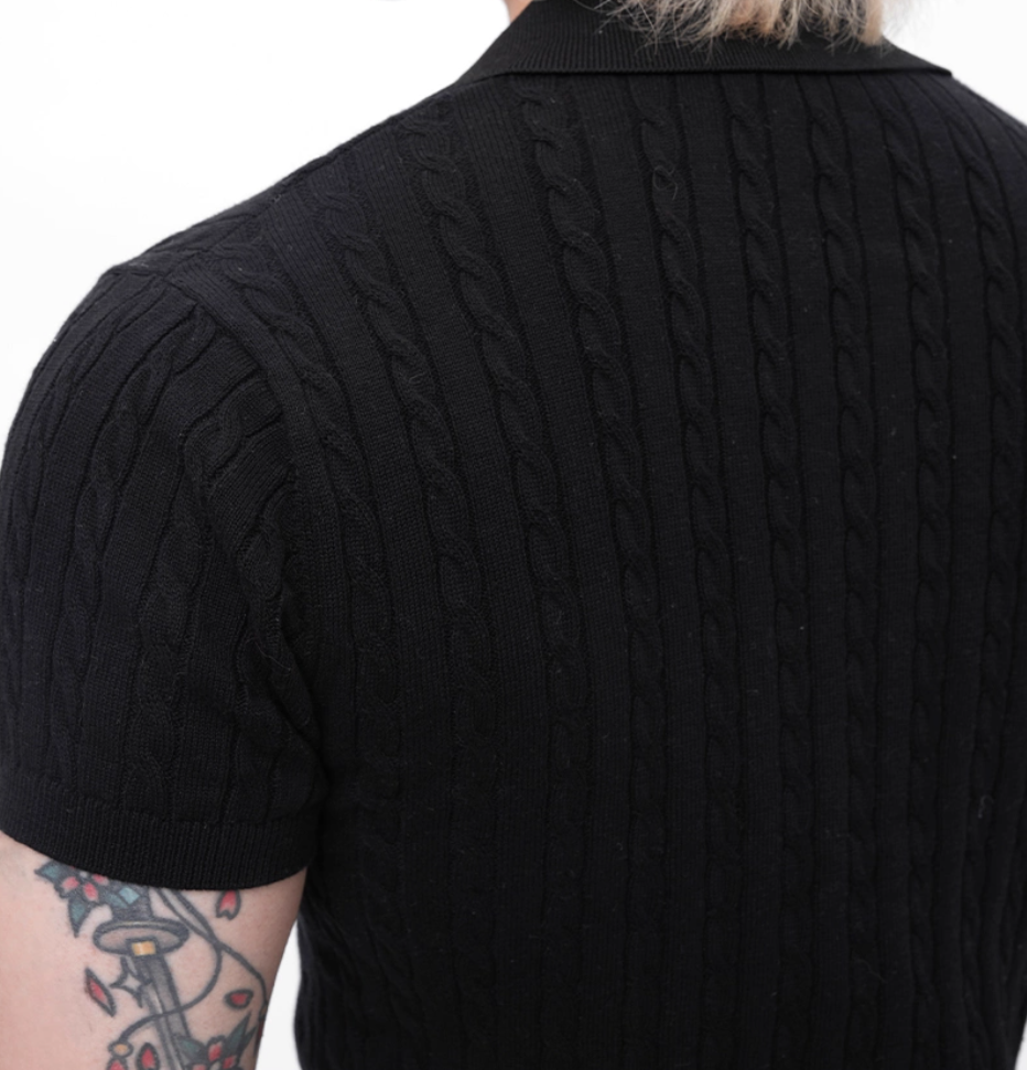 Ribbed Trim Cable Knit Pattern Polo Shirt