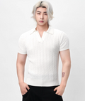 Ribbed Trim Cable Knit Pattern Polo Shirt