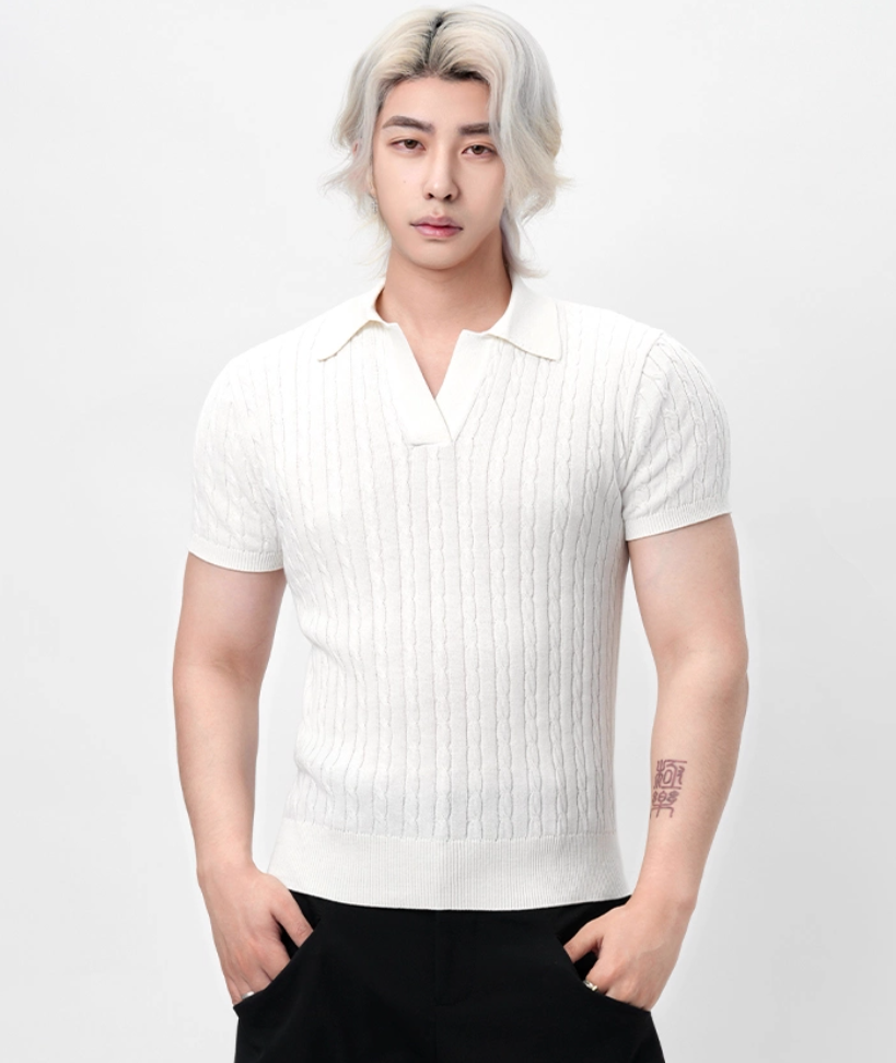 Ribbed Trim Cable Knit Pattern Polo Shirt