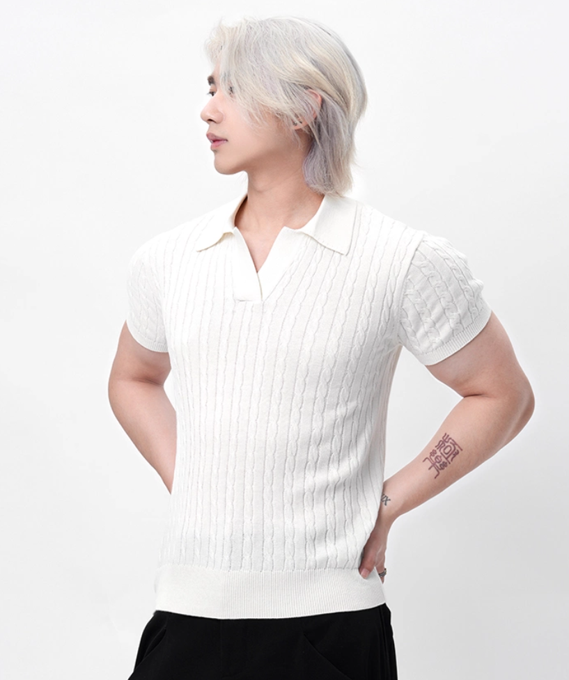 Ribbed Trim Cable Knit Pattern Polo Shirt