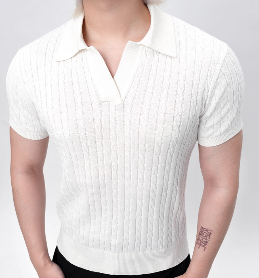 Ribbed Trim Cable Knit Pattern Polo Shirt