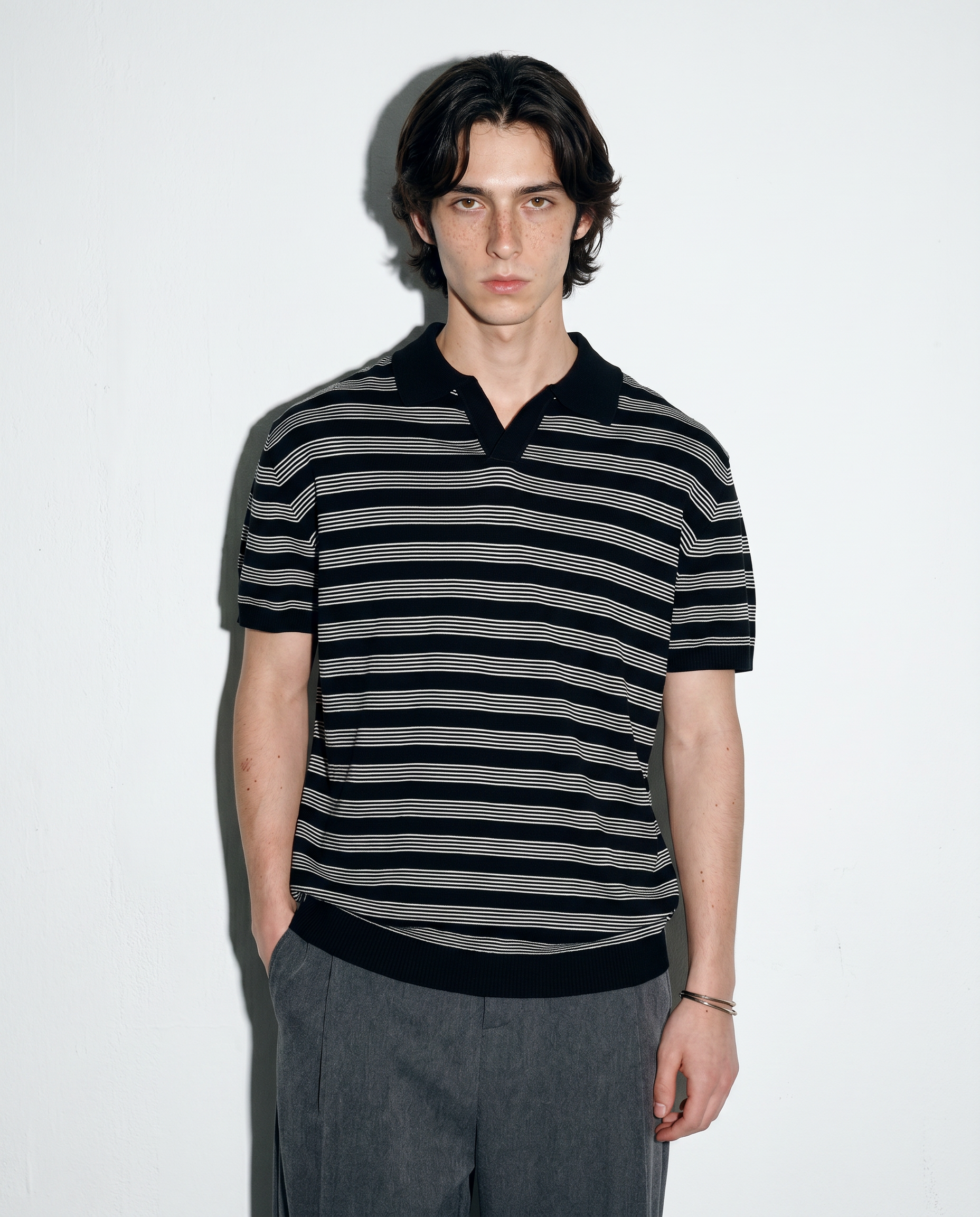 Striped Open Collar Polo Top