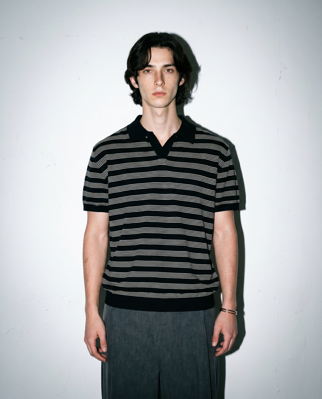 Striped Open Collar Polo Top