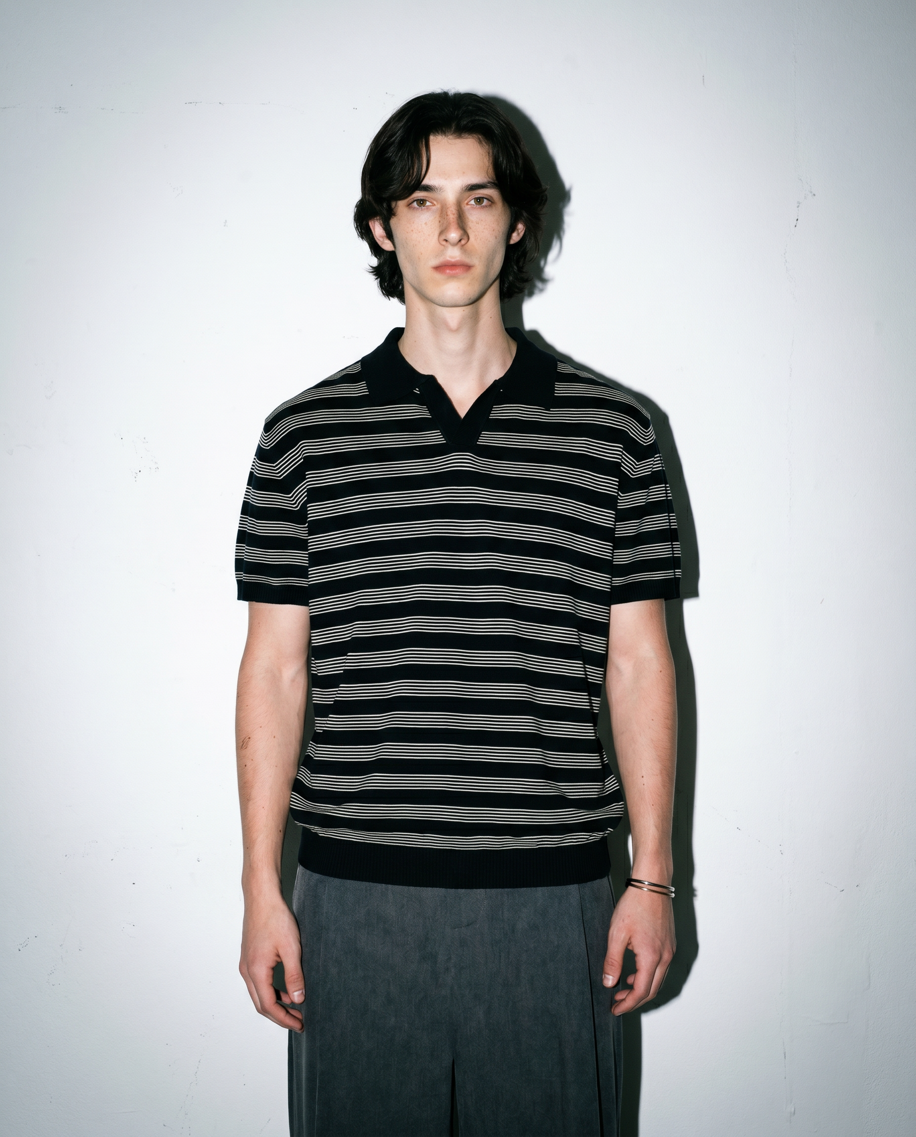 Striped Open Collar Polo Top