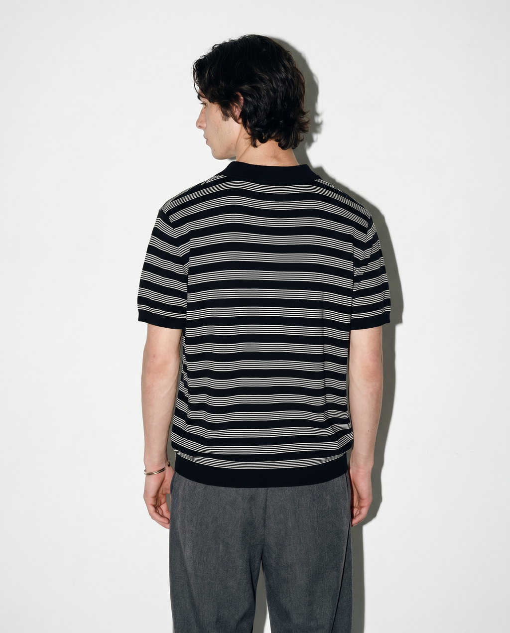 Striped Open Collar Polo Top