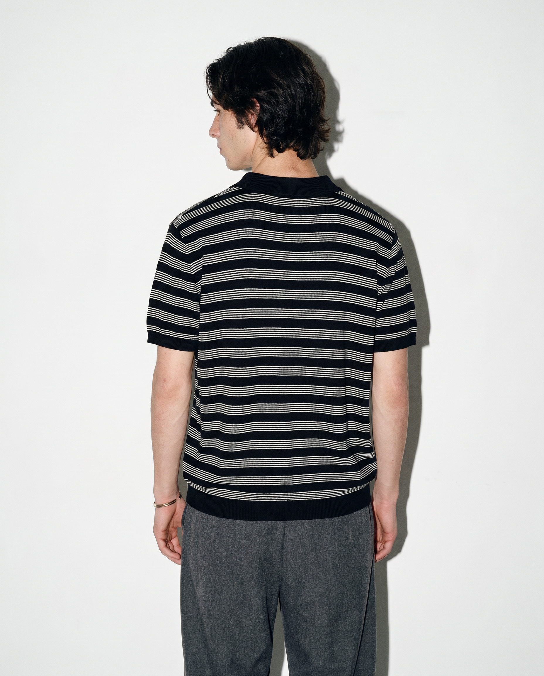 Striped Open Collar Polo Top
