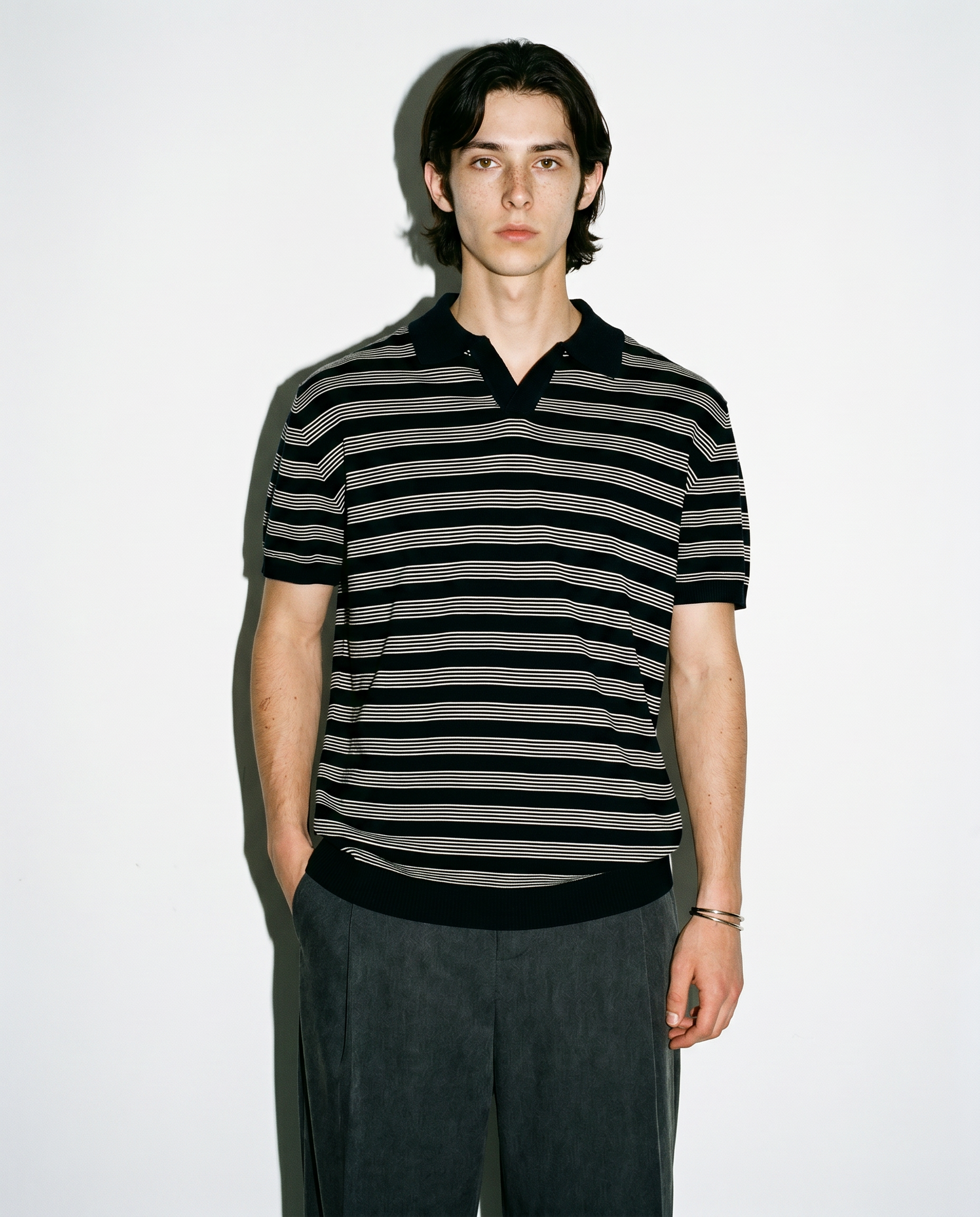 Striped Open Collar Polo Top