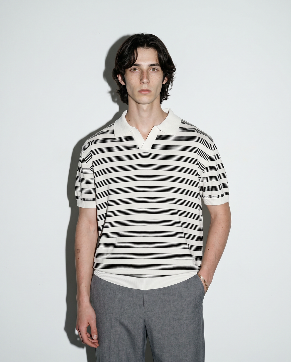 Striped Open Collar Polo Top