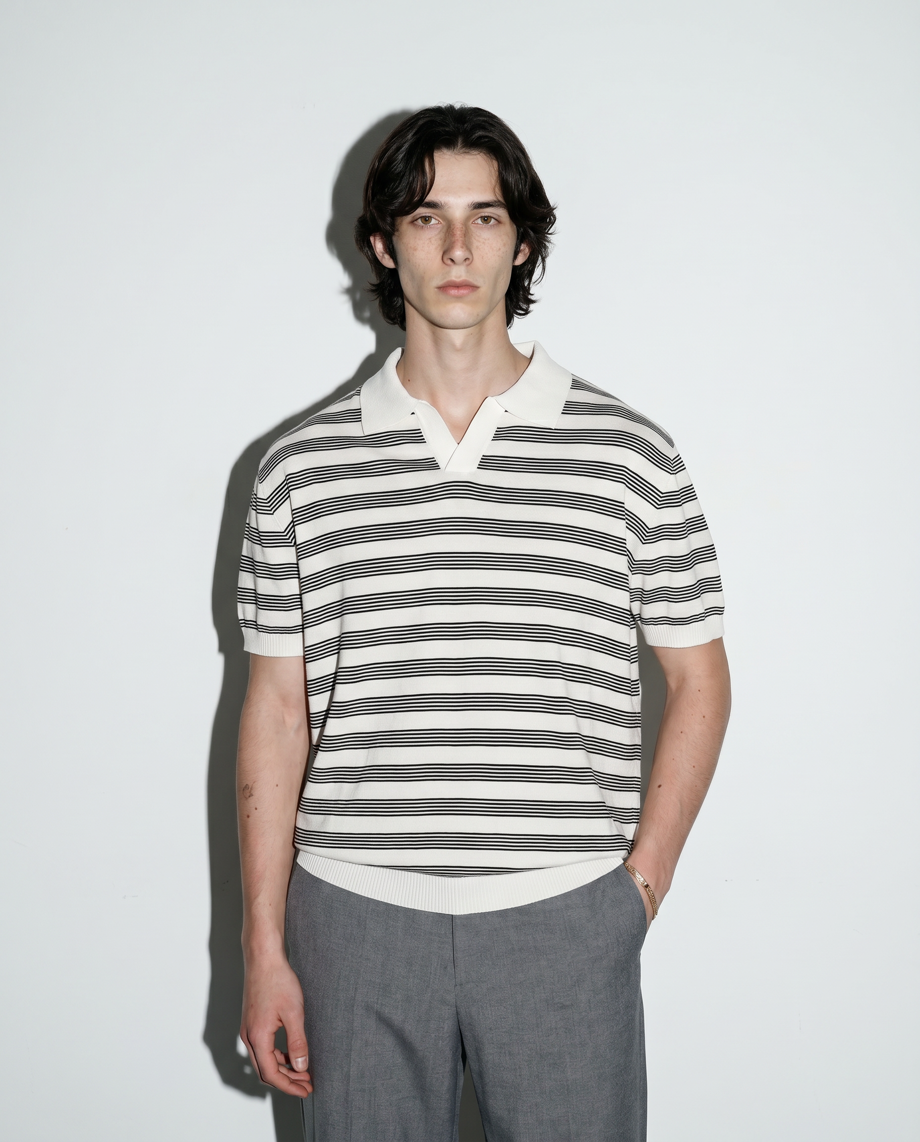 Striped Open Collar Polo Top
