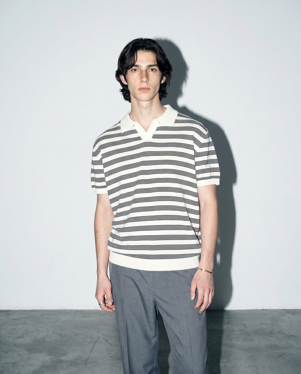 Striped Open Collar Polo Top