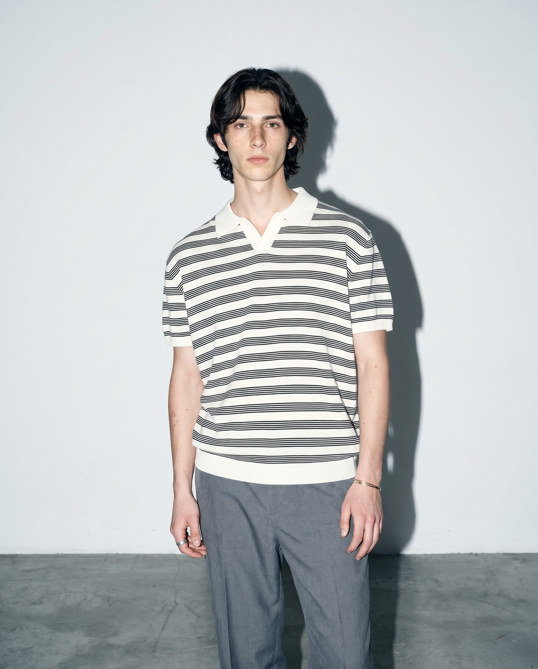 Striped Open Collar Polo Top
