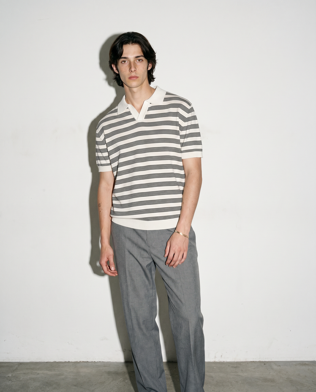 Striped Open Collar Polo Top