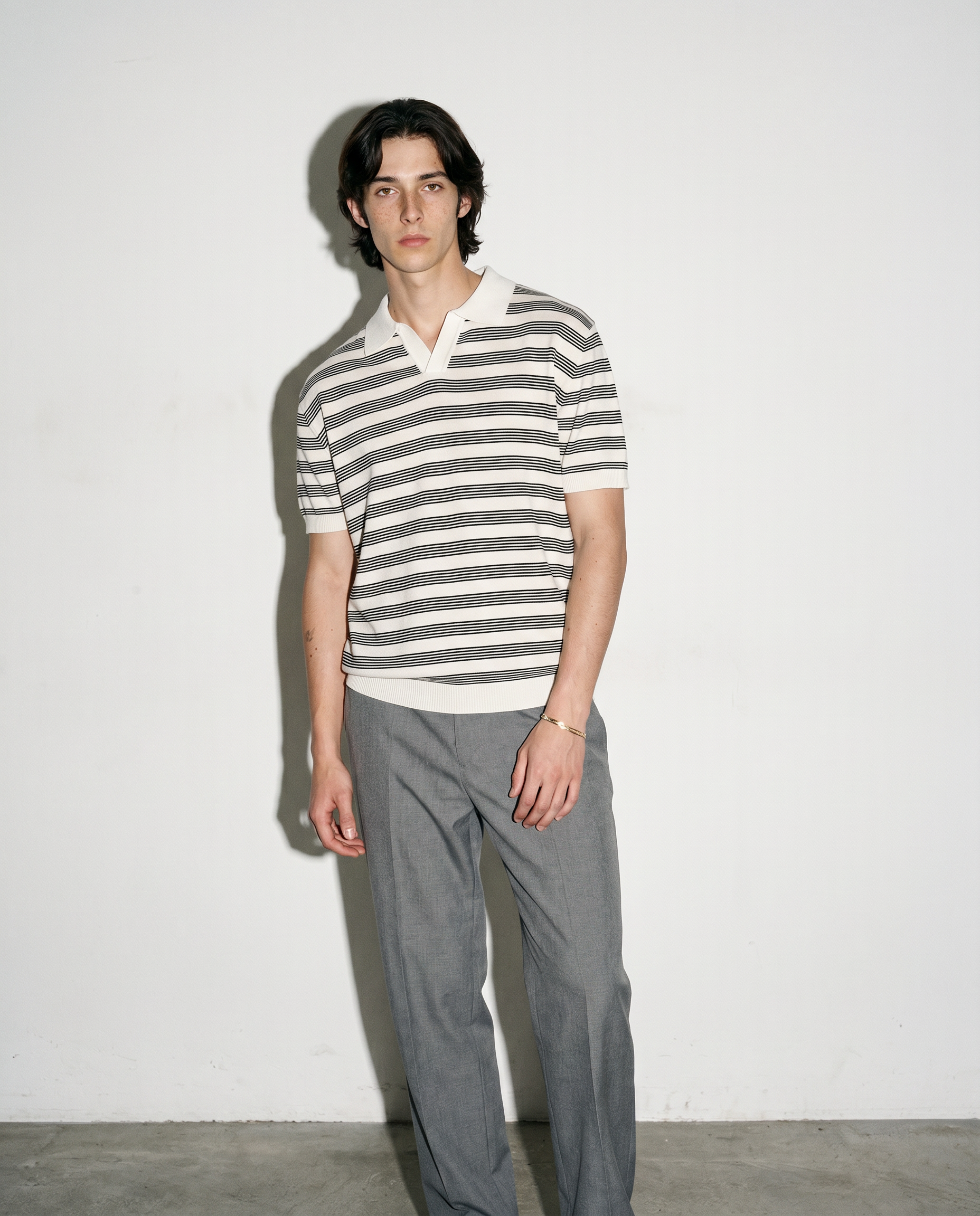 Striped Open Collar Polo Top