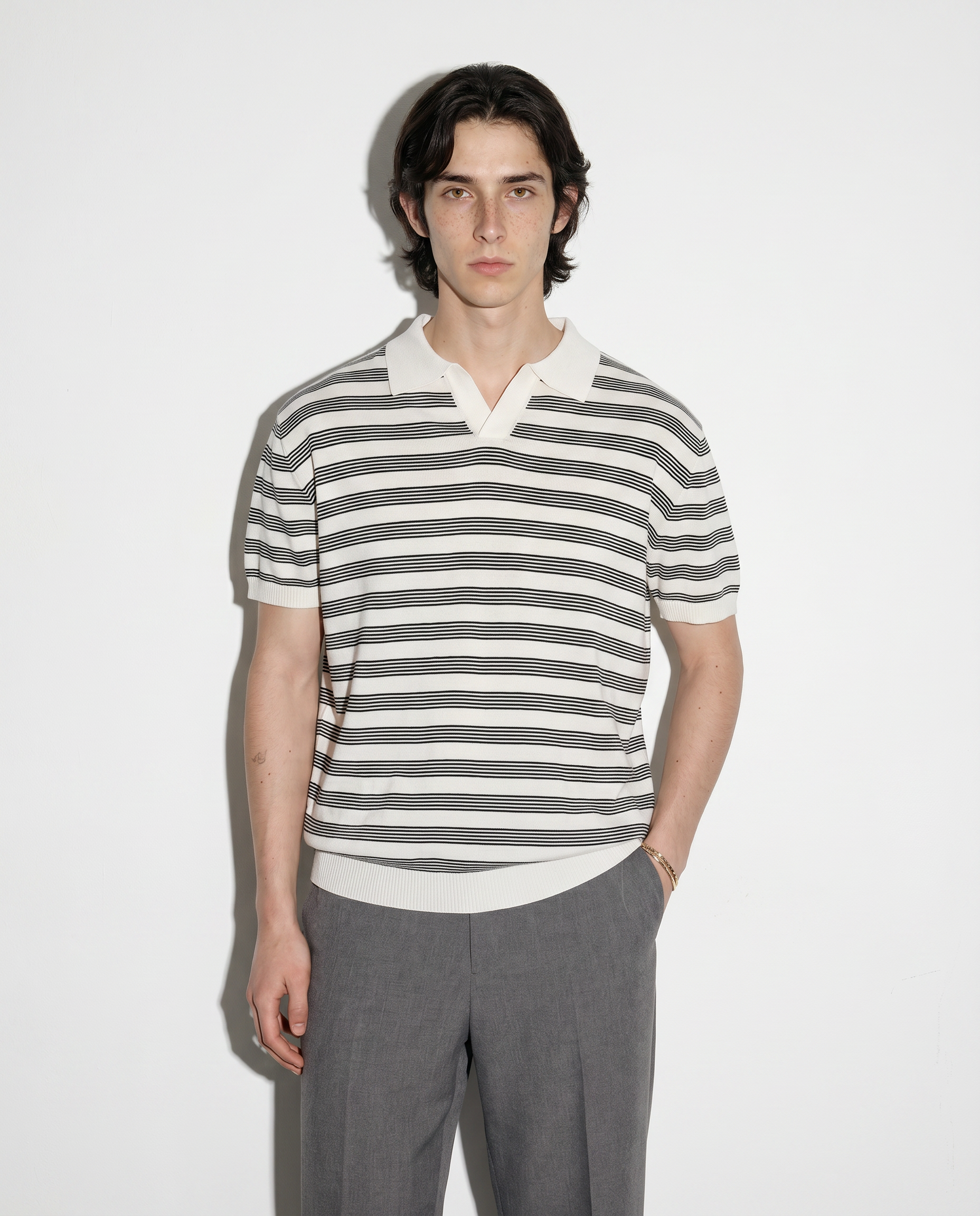 Striped Open Collar Polo Top