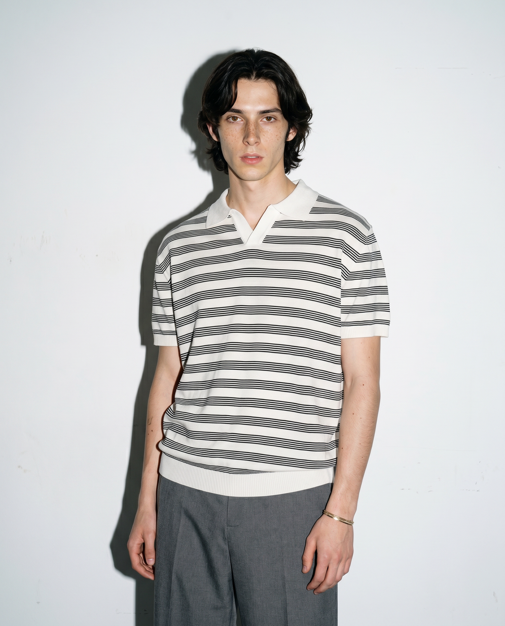 Striped Open Collar Polo Top