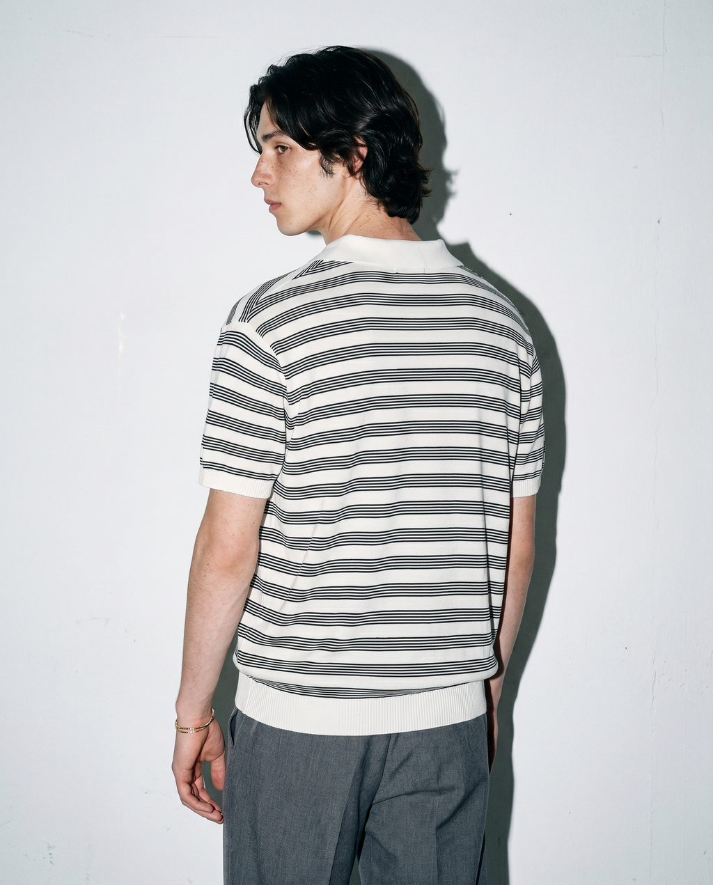 Striped Open Collar Polo Top