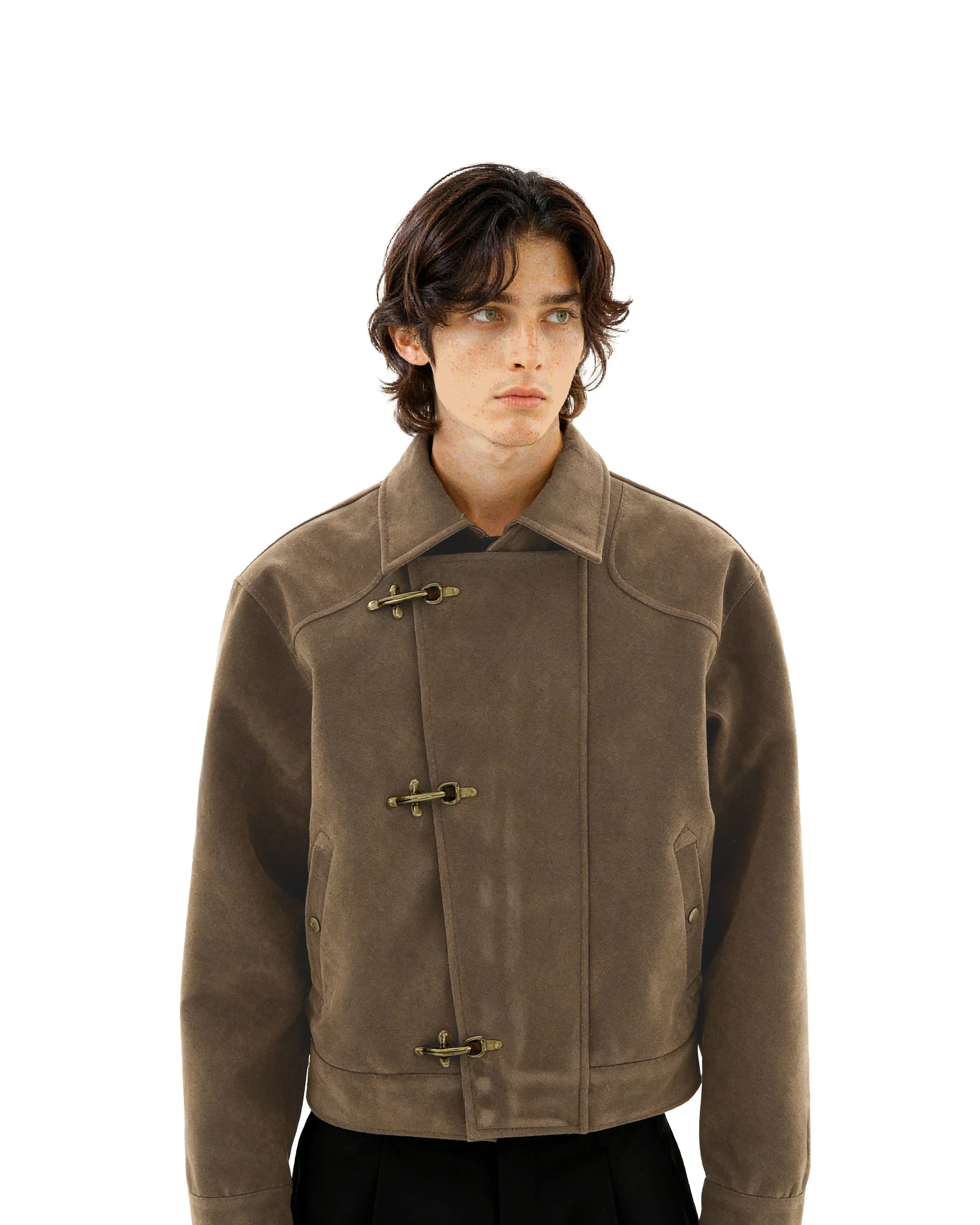 Asymmetric Fireman Buckle Mid Crop Suede Jacket