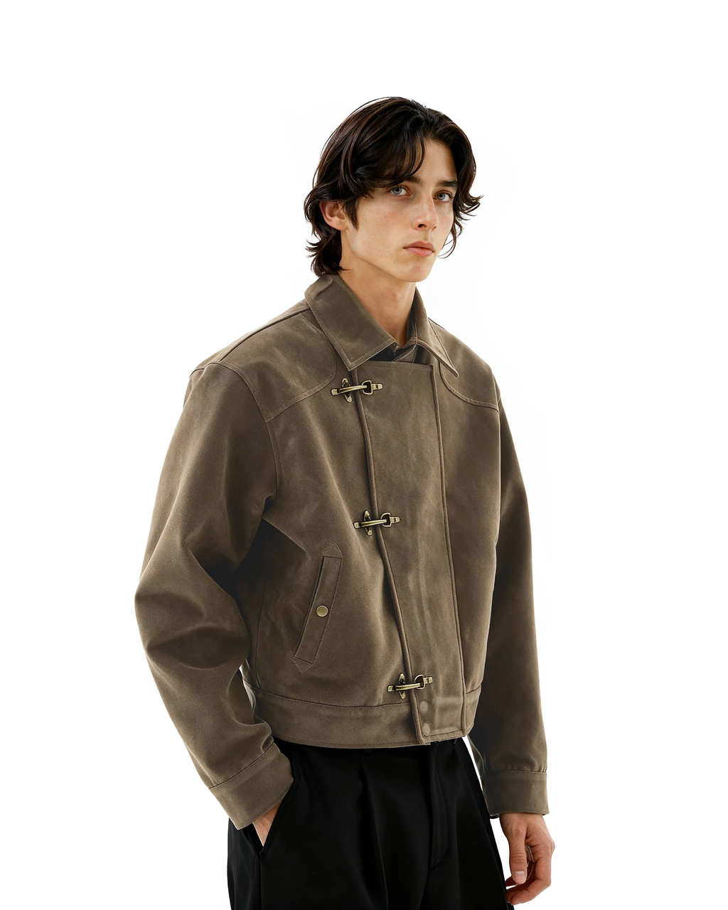 Asymmetric Fireman Buckle Mid Crop Suede Jacket