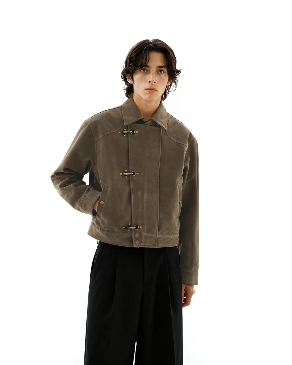 Asymmetric Fireman Buckle Mid Crop Suede Jacket