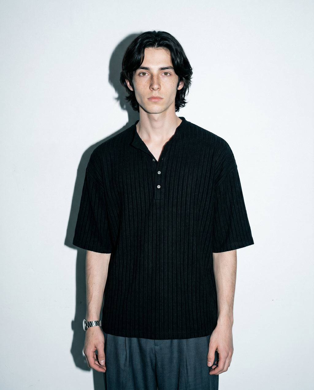 Textured Ribbed Henley Half Sleeve Top