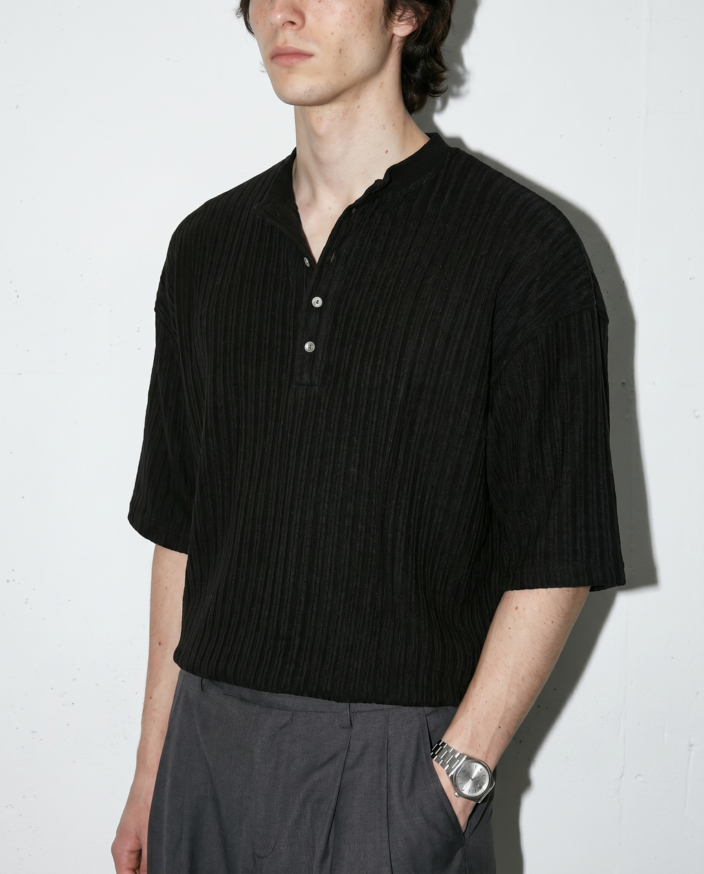 Textured Ribbed Henley Half Sleeve Top