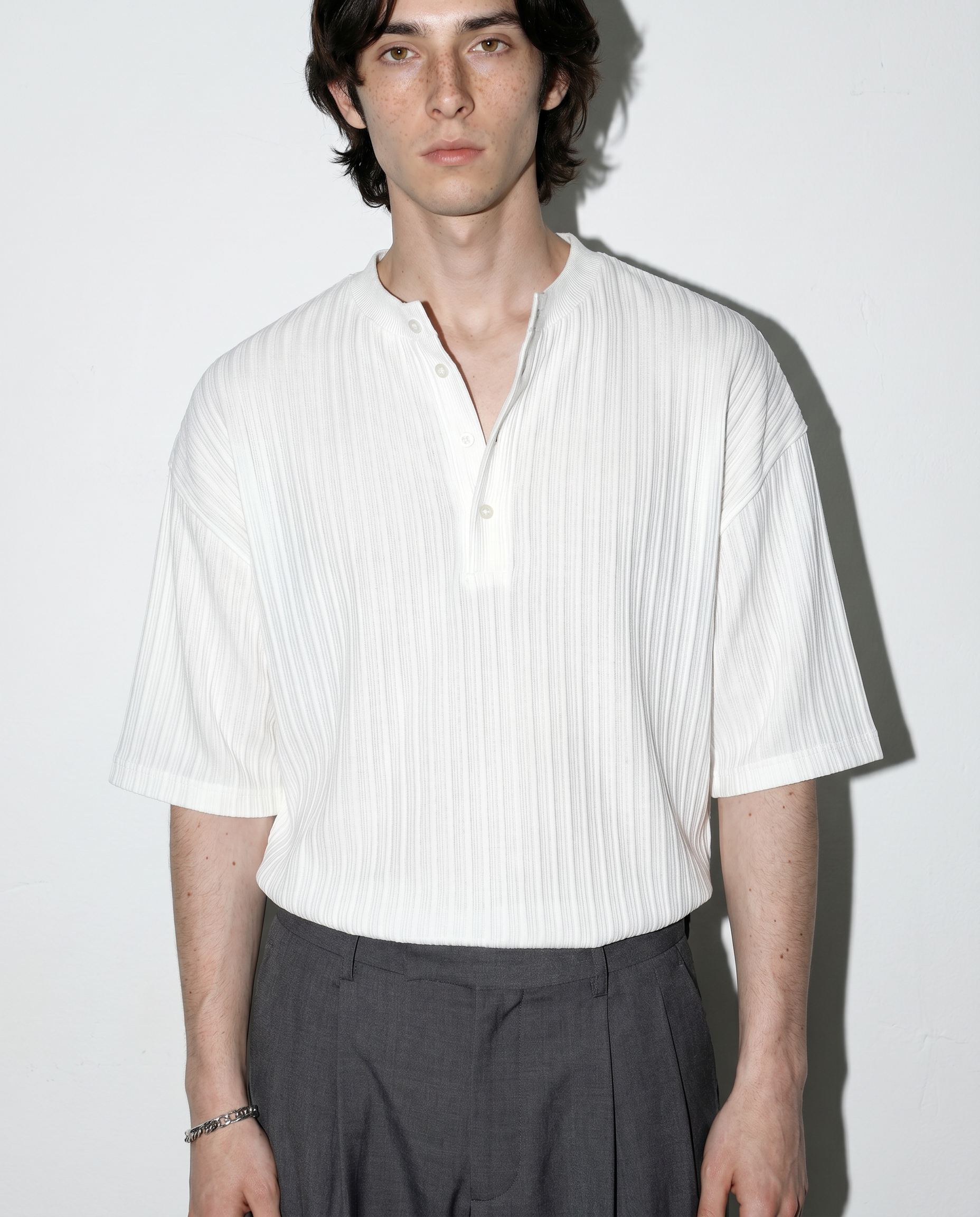 Textured Ribbed Henley Half Sleeve Top