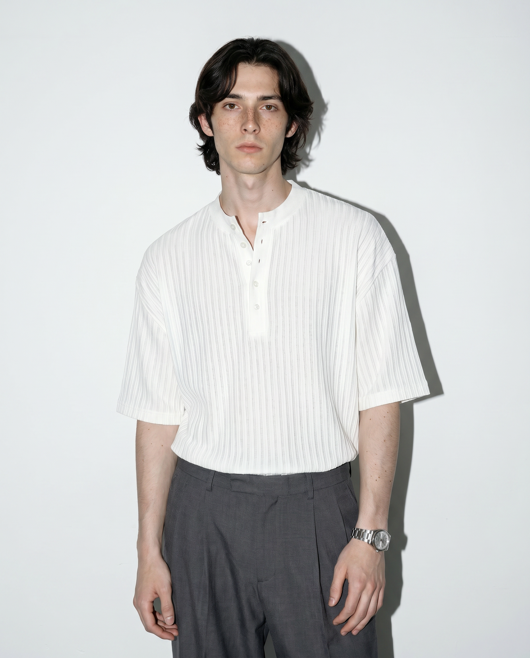 Textured Ribbed Henley Half Sleeve Top