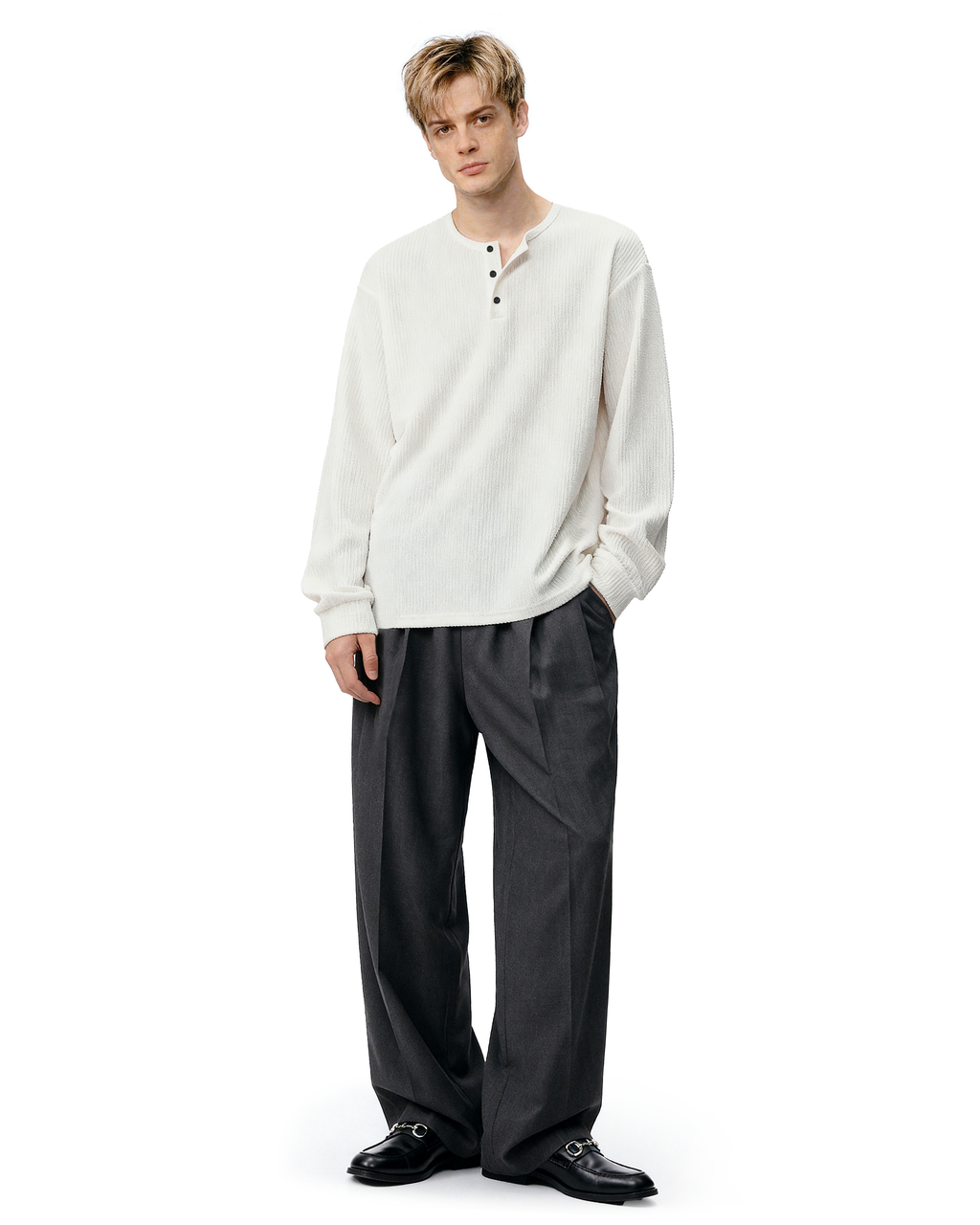 Waffle Pattern Half Button Long Sleeve Shirt