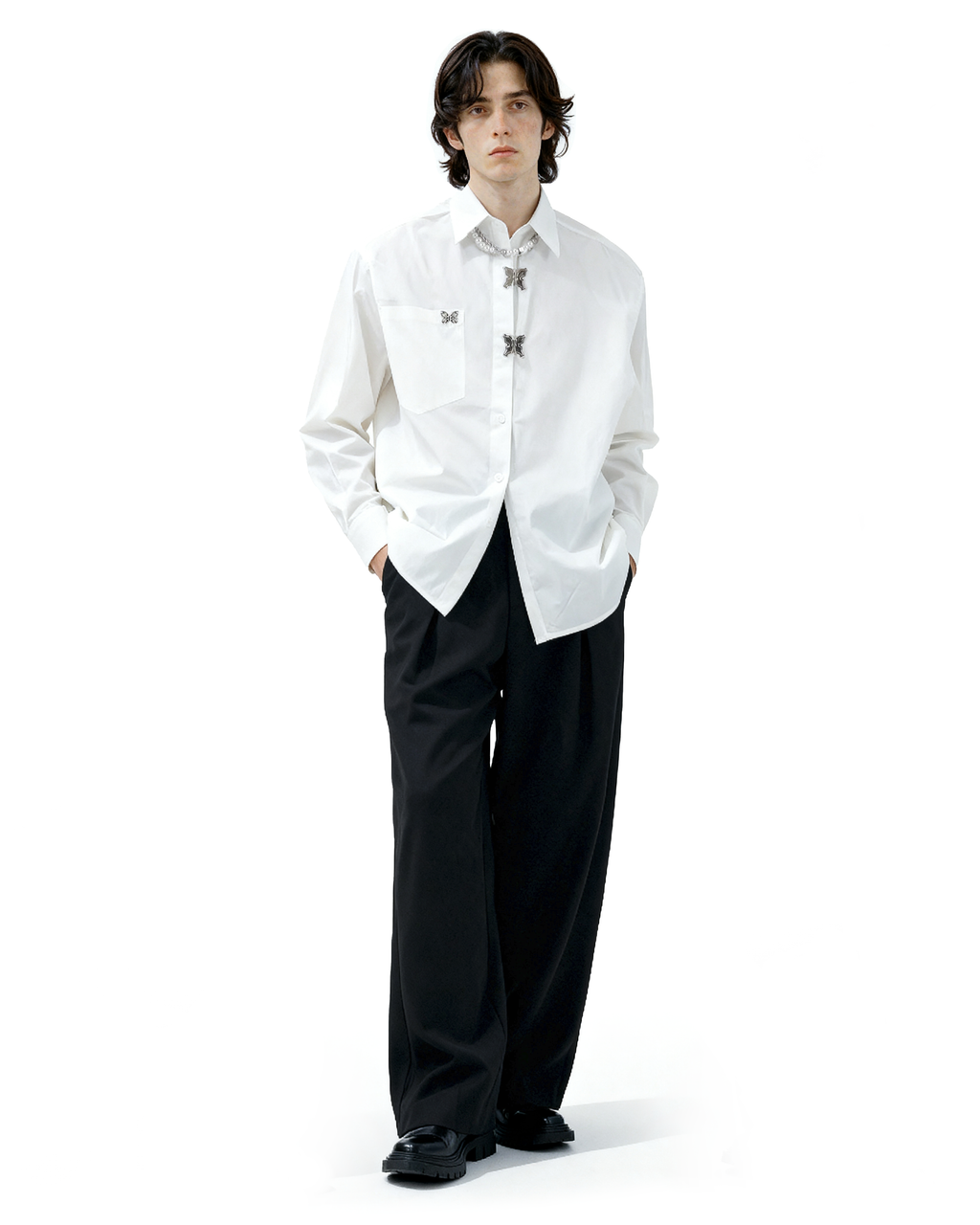 Oversized Shirt with Metallic Brooch Accents