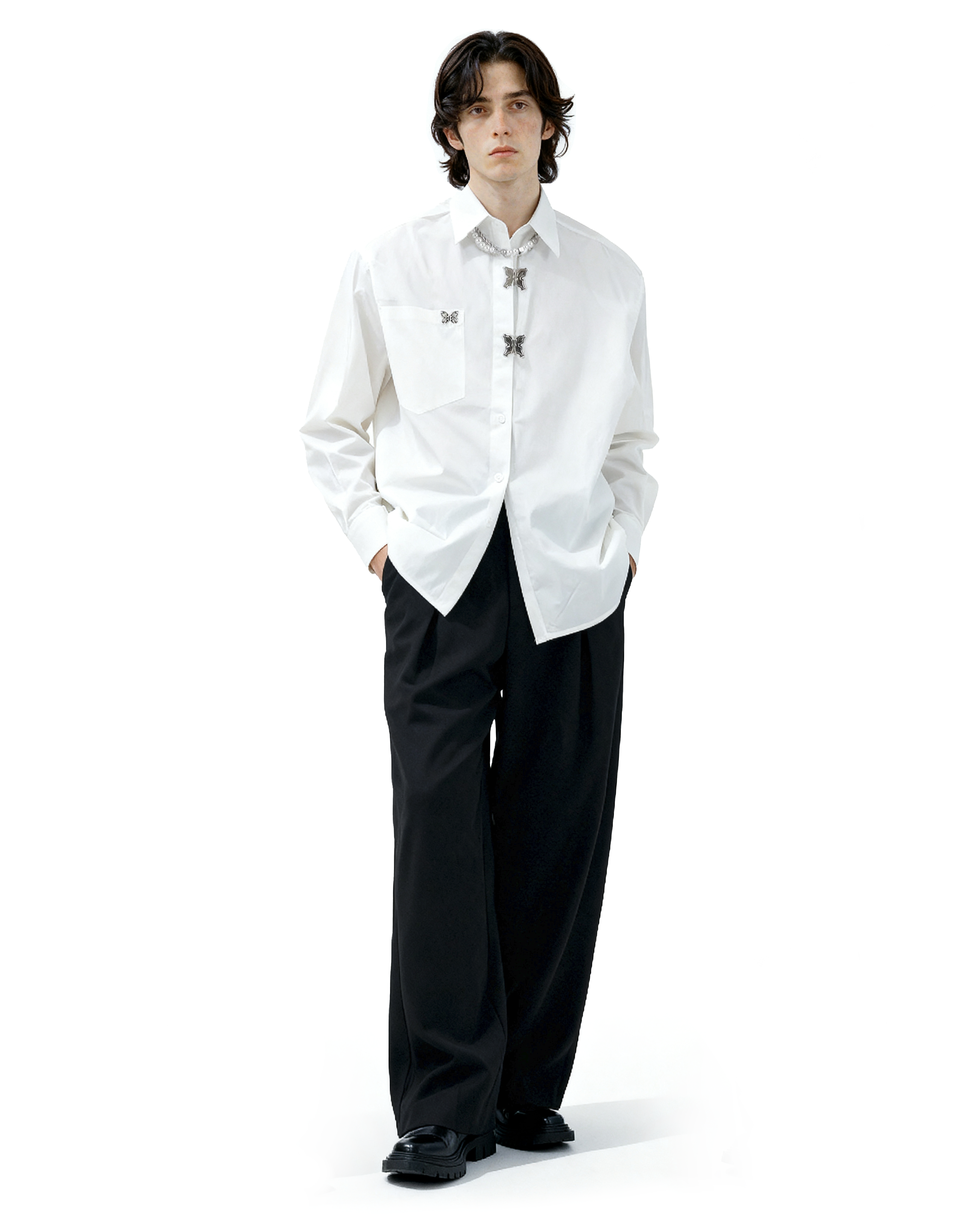 Oversized Shirt with Metallic Brooch Accents