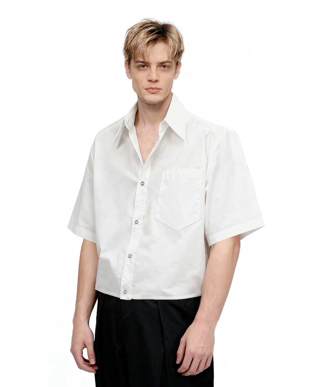 Oversized Short Sleeve Mid-Crop Shirt with Chest Pocket Detail