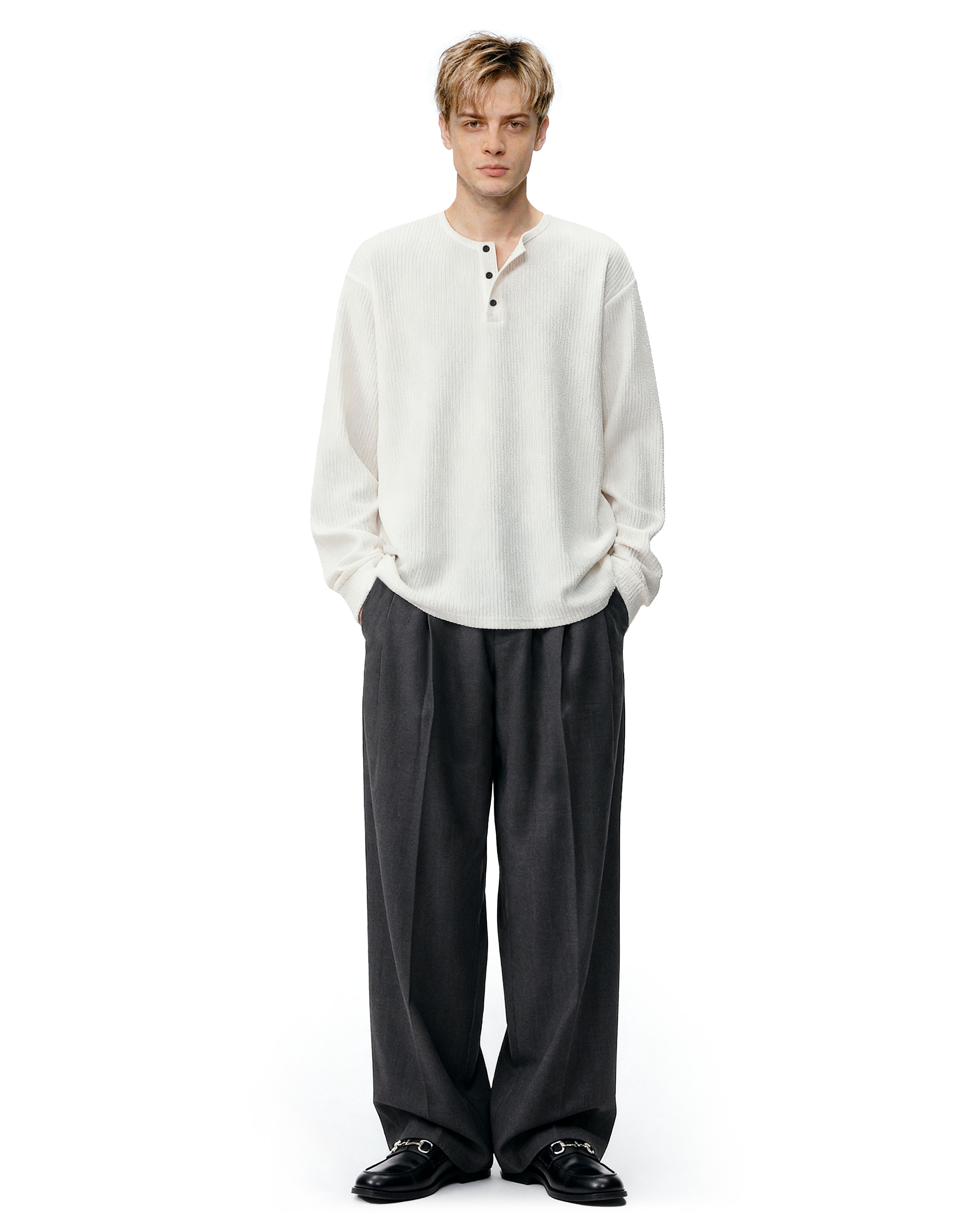 Waffle Pattern Half Button Long Sleeve Shirt