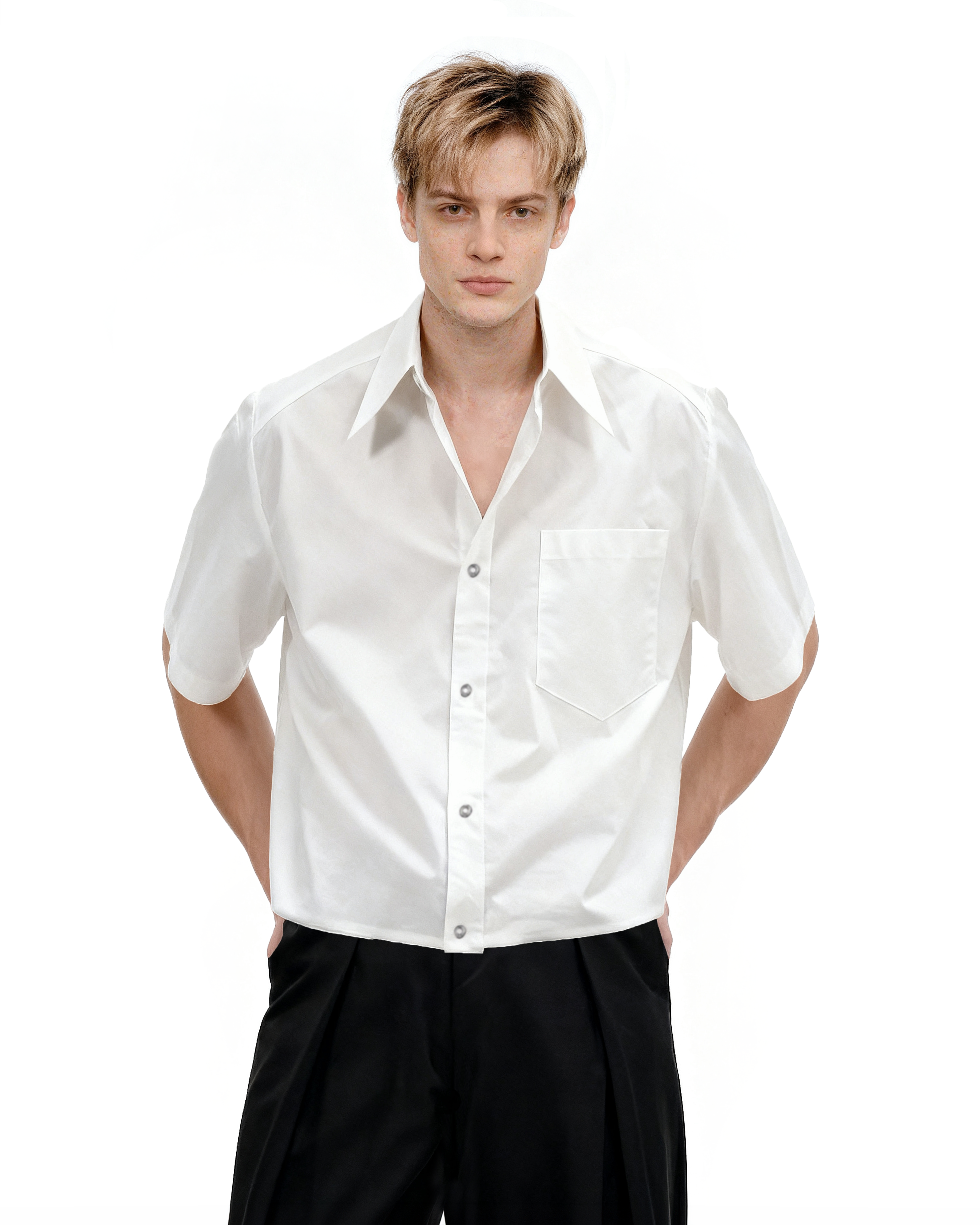 Oversized Short Sleeve Mid-Crop Shirt with Chest Pocket Detail