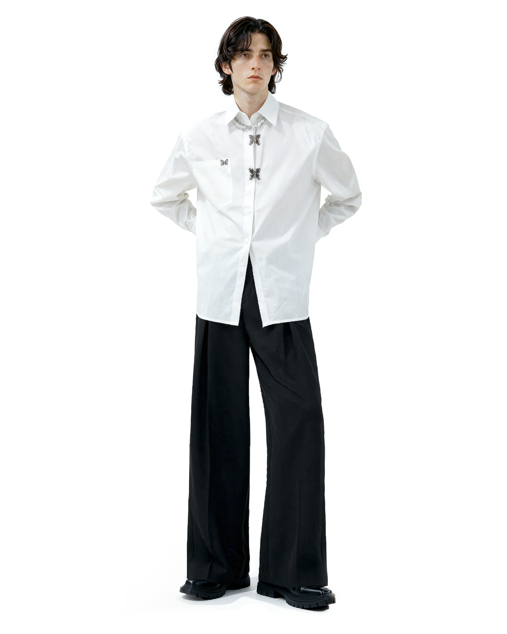Oversized Shirt with Metallic Brooch Accents