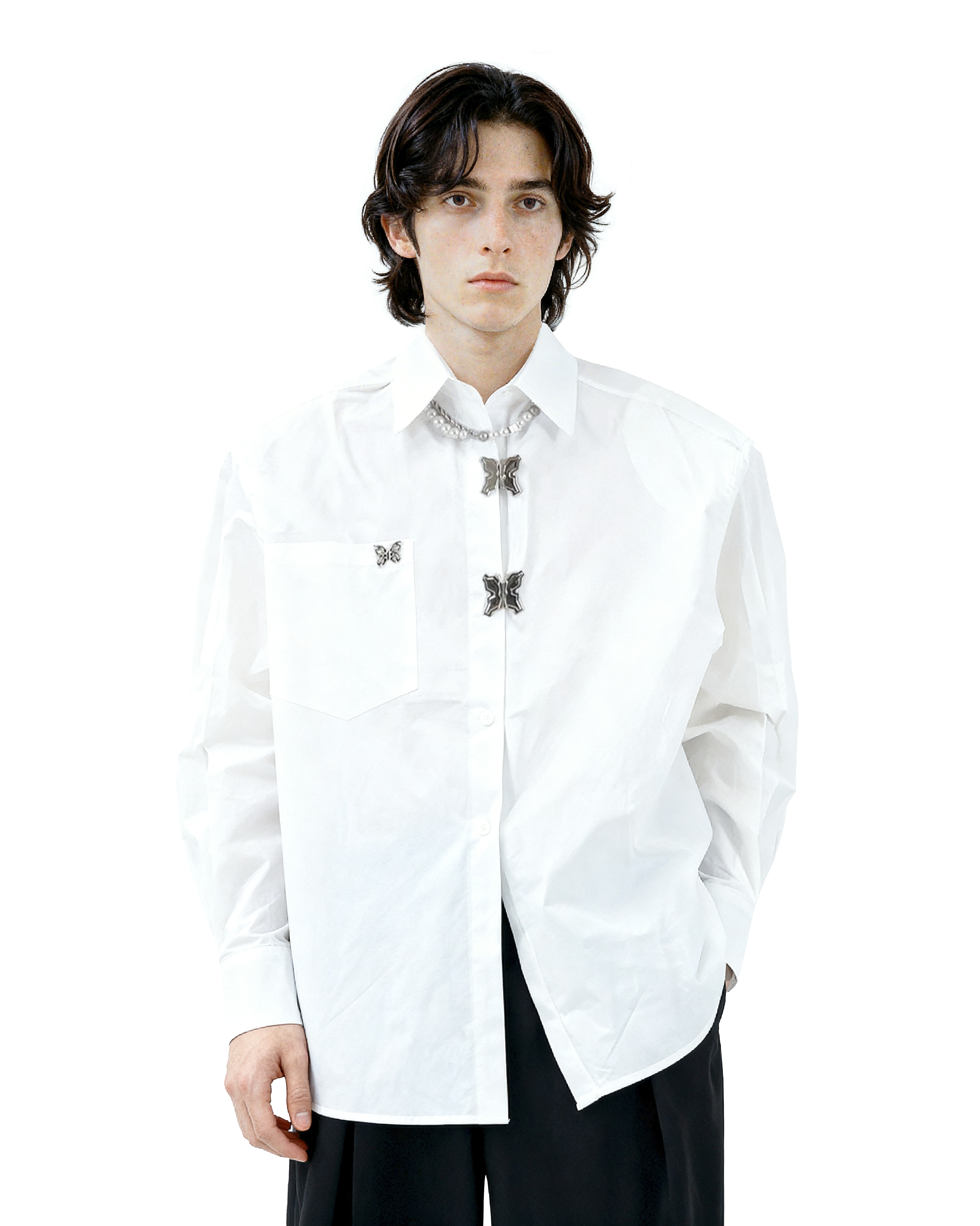 Oversized Shirt with Metallic Brooch Accents