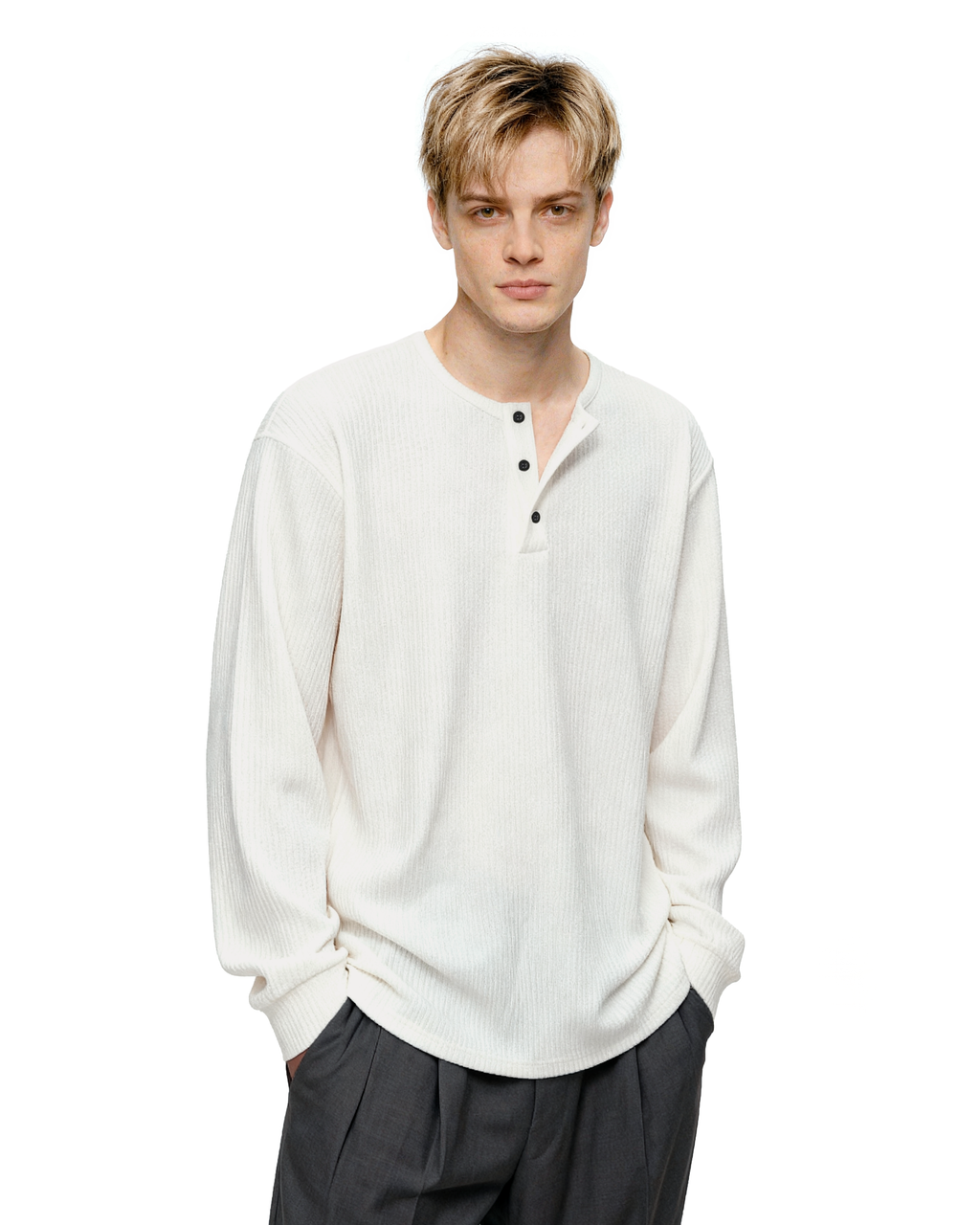 Waffle Pattern Half Button Long Sleeve Shirt