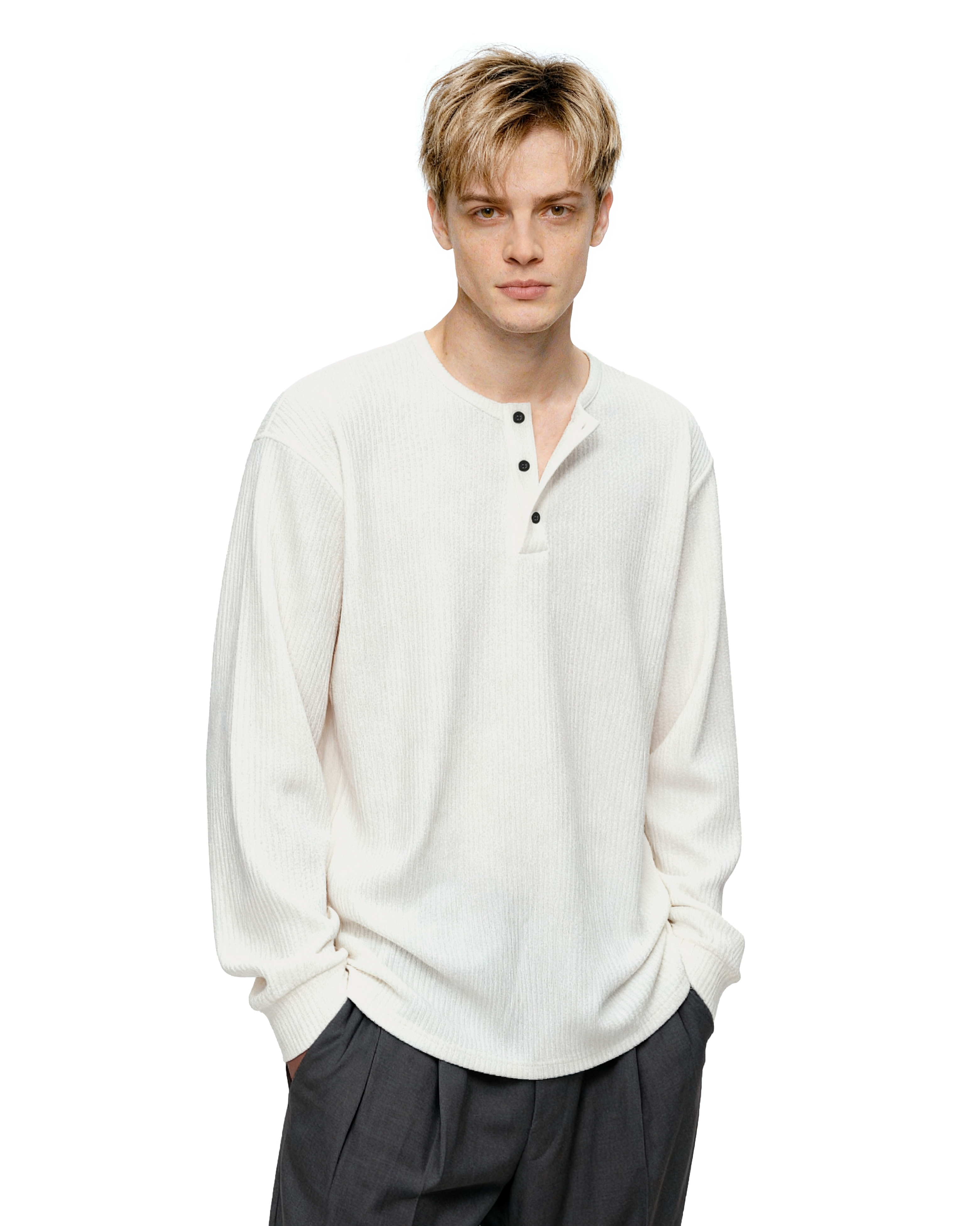 Waffle Pattern Half Button Long Sleeve Shirt